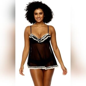Black Ruffles White Lace Ribbon Babydoll w/ matching Hipster Lingerie Demi Small